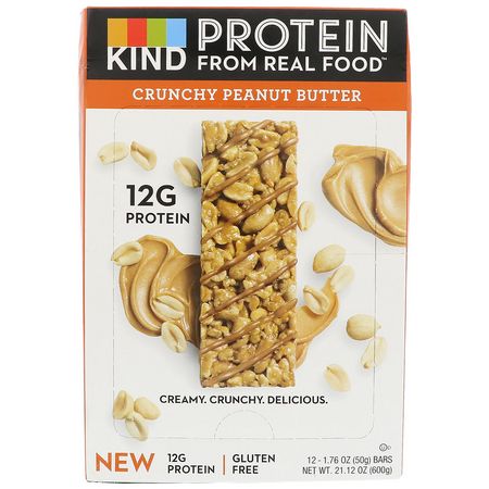 Sojaproteinbarer, Proteinbarer, Brownies, Kakor: KIND Bars, Protein Bars, Crunchy Peanut Butter, 12 Bars, 1.76 oz (50 g) Each