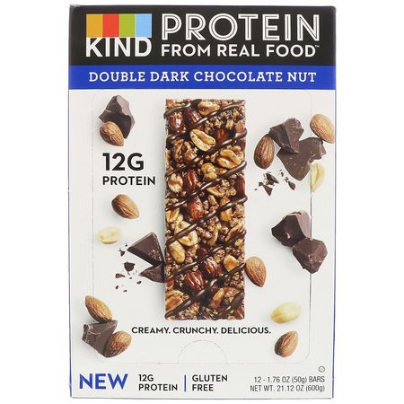 Sojaproteinstänger, Proteinstänger, Brownies, Kakor: KIND Bars, Protein Bars, Double Dark Chocolate Nut, 12 Bars, 1.76 oz (50 g) Each