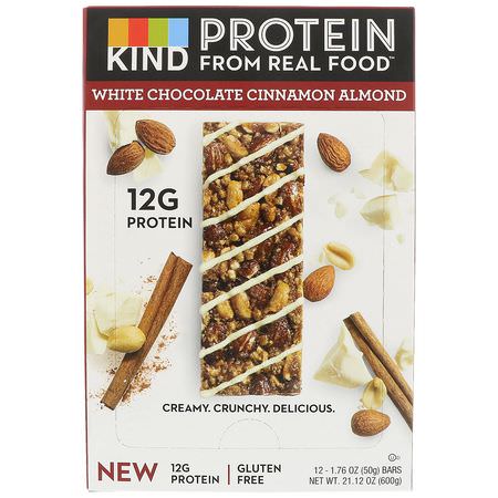 Sojaproteinbarer, Proteinbarer, Brownies, Kakor: KIND Bars, Protein Bars, White Chocolate Cinnamon Almond, 12 Bars, 1.76 oz (50 g) Each