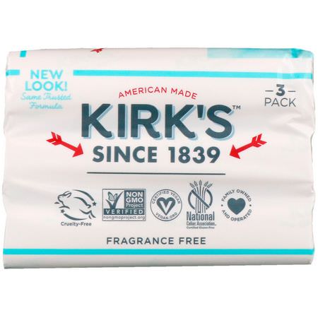 Castile Soap, Bar Soap, Shower, Bath: Kirk's, 100% Premium Coconut Oil Gentle Castile Soap, Fragrance Free, 3 Bars, 4 oz (113 g) Each