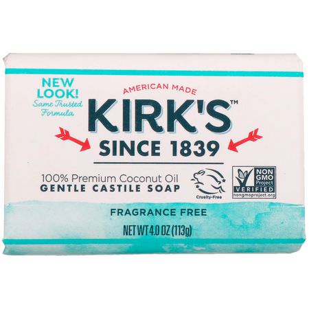 Castile Soap, Bar Soap, Shower, Bath: Kirk's, 100% Premium Coconut Oil Gentle Castile Soap, Fragrance Free, 4 oz (113 g)