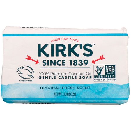 Castile Soap, Bar Soap, Shower, Bath: Kirk's, 100% Premium Coconut Oil Gentle Castile Soap, Original Fresh Scent, 1.13 oz (32 g)