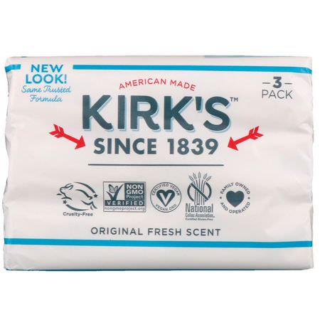 Castile Soap, Bar Soap, Shower, Bath: Kirk's, 100% Premium Coconut Oil Gentle Castile Soap, Original Fresh Scent, 3 Bars, 4 oz (113 g) Each