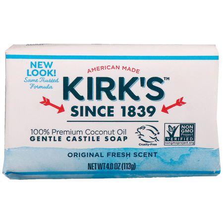 Castile Soap, Bar Soap, Shower, Bath: Kirk's, 100% Premium Coconut Oil Gentle Castile Soap, Original Fresh Scent, 4 oz (113 g)