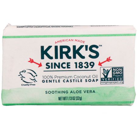 Castile Soap, Bar Soap, Shower, Bath: Kirk's, 100% Premium Coconut Oil Gentle Castile Soap, Soothing Aloe Vera, 1.13 oz (32 g)