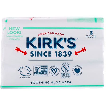 Castile Soap, Bar Soap, Shower, Bath: Kirk's, 100% Premium Coconut Oil Gentle Castile Soap, Soothing Aloe Vera, 3 Bars, 4 oz (113 g) Each