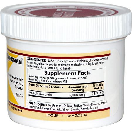B12, Vitamin B, Vitaminer, Kosttillskott: Kirkman Labs, Methylcobalamin Concentrated Powder, 2 oz (57 g)