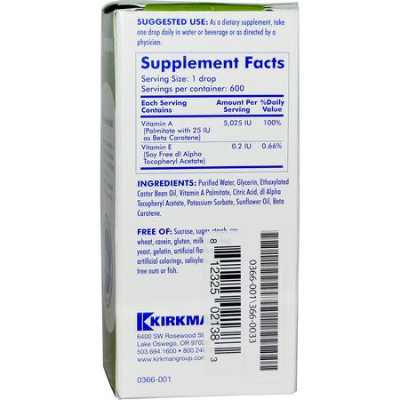 Vitamin A, Vitaminer, Kosttillskott: Kirkman Labs, Mycellized Vitamin A Liquid, 1 fl oz (30 ml)