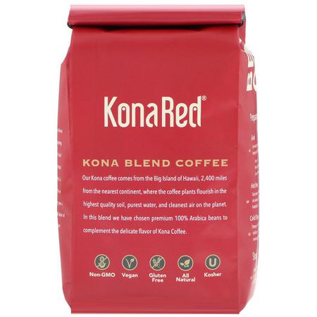 Medium Stekt, Kaffe: KonaRed, Kona Blend Coffee, Medium Roast, Whole Bean, 12 oz (340 g)