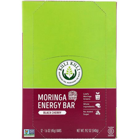 Energibarer, Sportbarer, Brownies, Kakor: Kuli Kuli, Moringa Energy Bar, Black Cherry, 12 Bars, 1.6 oz (45 g) Each