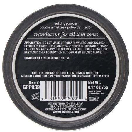 Ställa In Spray, Pulver, Ansikte, Smink: L.A. Girl, Pro HD Setting Powder, Translucent, 0.17 oz (5 g)