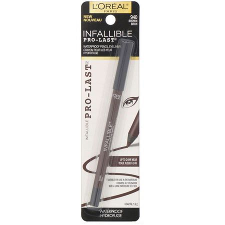 Eyeliner, Eyes, Makeup: L'Oreal, Infallible Pro-Last Waterproof Pencil Eyeliner, 940 Brown, 0.042 fl oz (1.2 g)