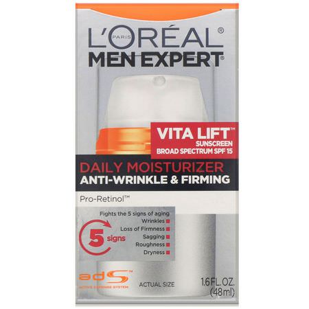 Face Moisturizer, Hudvård: L'Oreal, Men Expert Anti-Wrinkle & Firming, Vita Lift Daily Moisturizer, SPF 15, 1.6 fl oz (48 ml)