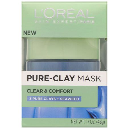 Ansiktsmasker, Hudvård: L'Oreal, Pure-Clay Mask, Clear & Comfort, 3 Pure Clays + Seaweed, 1.7 oz (48 g)