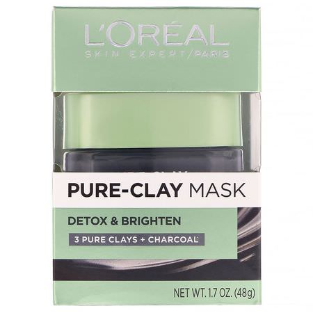 Ansiktsmasker, Hudvård: L'Oreal, Pure-Clay Mask, Detox & Brighten, 3 Pure Clays + Charcoal, 1.7 oz (48 g)