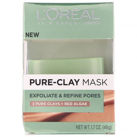 Ansiktsmasker, Hudvård: L'Oreal, Pure-Clay Mask, Exfoliate & Refine Pores, 3 Pure Clays + Red Algae, 1.7 oz (48 g)
