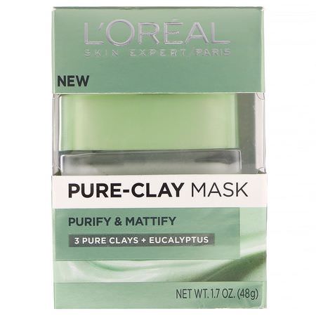 Ansiktsmasker, Hudvård: L'Oreal, Pure-Clay Mask, Purify & Mattify, 3 Pure Clays + Eucalyptus, 1.7 oz (48 g)