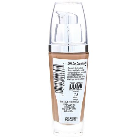 Foundation, Face, Makeup: L'Oreal, True Match Healthy Luminous Makeup, SPF 20, C5 Classic Beige, 1 fl oz (30 ml)