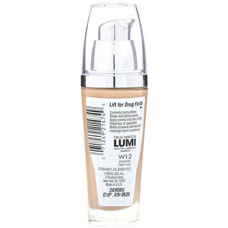 Foundation, Face, Makeup: L'Oreal, True Match Healthy Luminous Makeup, SPF 20, W1-2 Porcelain/Light Ivory, 1 fl oz (30 ml)