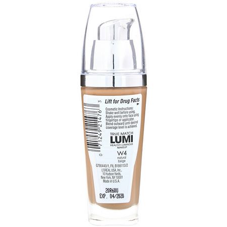 Foundation, Face, Makeup: L'Oreal, True Match Healthy Luminous Makeup, SPF 20, W4 Natural Beige, 1 fl oz (30 ml)