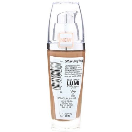 Foundation, Face, Makeup: L'Oreal, True Match Healthy Luminous Makeup, SPF 20, W6 Sun Beige, 1 fl oz (30 ml)