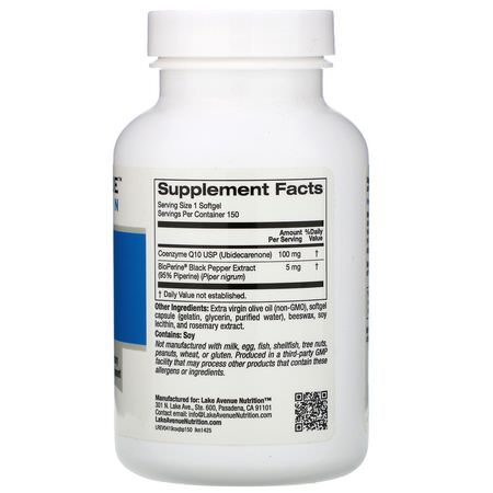Coenzyme Q10, Coq10, Antioxidanter, Kosttillskott: Lake Avenue Nutrition, CoQ10 USP with Bioperine, 100 mg, 150 Softgels