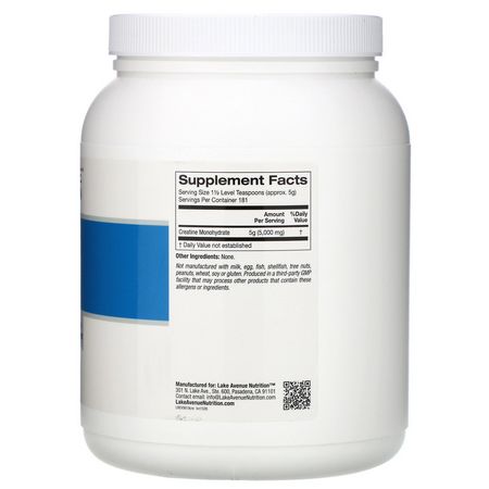Kreatinmonohydrat, Kreatin, Muskelbyggare, Idrottsnäring: Lake Avenue Nutrition, Creatine Powder, Unflavored, 5,000 mg, 2 lb (907 g)