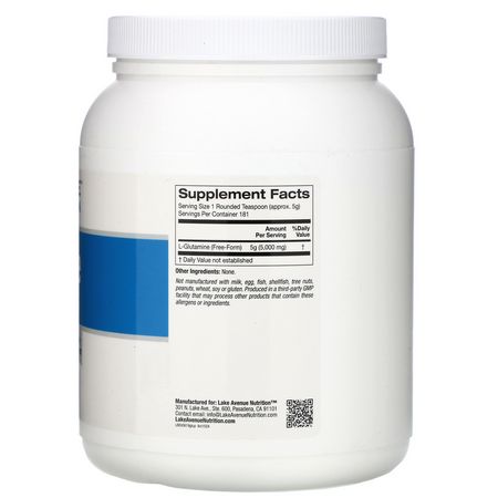 L-Glutamin, Aminosyror, Kosttillskott: Lake Avenue Nutrition, Glutamine Powder, Unflavored, 2 lb (907 g)