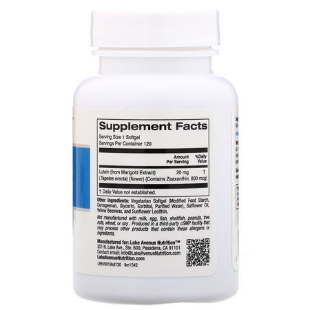 Zeaxanthin, Lutein, Nose, Ear: Lake Avenue Nutrition, Lutein, 20 mg, 120 Veggie Softgels
