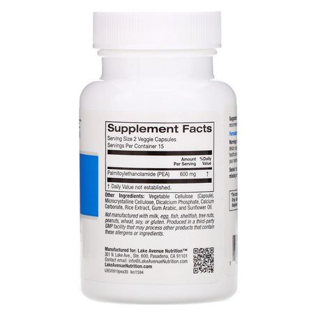 Palmitoylethanolamide Pea, Smärtlindring, Första Hjälpen, Medicinska Skåpet: Lake Avenue Nutrition, PEA (Palmitoylethanolamide), 600 mg, 30 Veggie Capsules