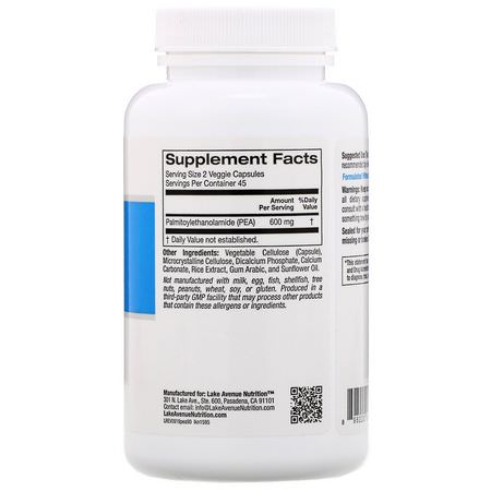 Palmitoylethanolamide Pea, Smärtlindring, Första Hjälpen, Medicinskåpet: Lake Avenue Nutrition, PEA (Palmitoylethanolamide), 600 mg, 90 Veggie Capsules