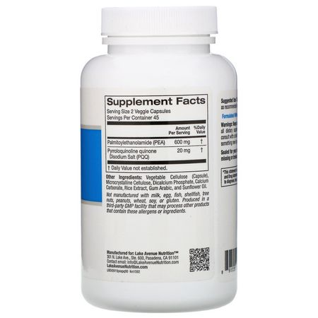 Palmitoylethanolamide Pea, Smärtlindring, Första Hjälpen, Pqq: Lake Avenue Nutrition, PEA (Palmitoylethanolamide) with PQQ, 90 Veggie Capsules