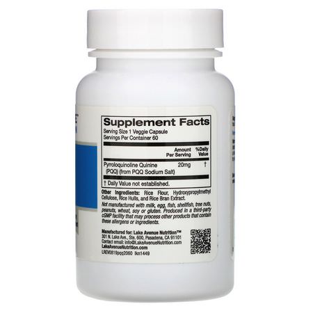 Pqq, Antioxidanter, Kosttillskott: Lake Avenue Nutrition, PQQ (Pyrroloquinoline Quinine), 20 mg, 60 Veggie Capsules