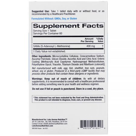 Sam-E, Kosttillskott: Lake Avenue Nutrition, SAMe (S-Adenosyl L-Methionine), 400 mg, 60 Tablets