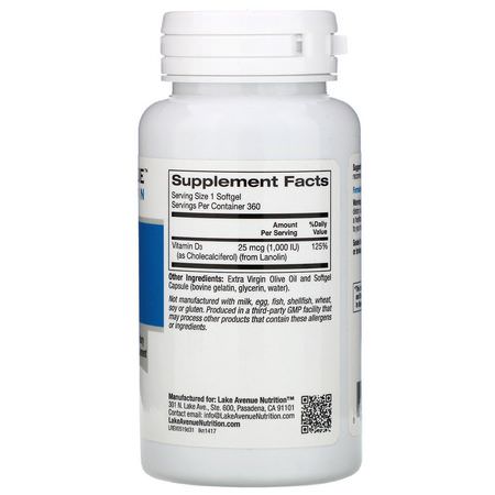 D3 Cholecalciferol, D-Vitamin, Vitaminer, Kosttillskott: Lake Avenue Nutrition, Vitamin D3, 1,000 IU, 360 Softgels