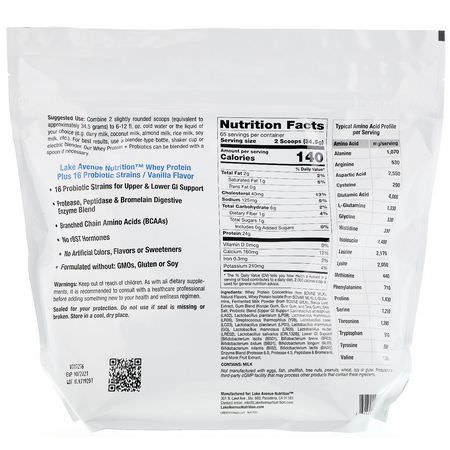 Vassleprotein, Idrottsnäring: Lake Avenue Nutrition, Whey Protein + Probiotics, Vanilla Flavor, 5 lb (2270 g)