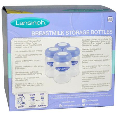 Bröstvårtor, Babyflaskor, Barnfoder, Bröstmjölklagring: Lansinoh, Breastmilk Storage Bottles, 4 Bottles, 5 oz (160 ml) Each