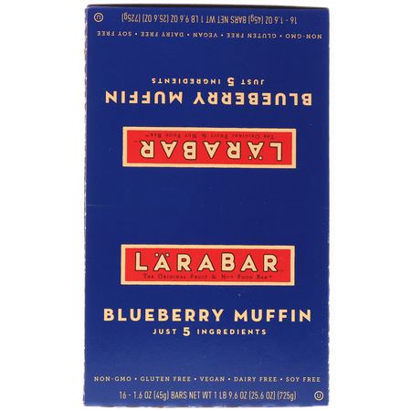Energibarer, Sportbarer, Brownies, Kakor: Larabar, Blueberry Muffin, 16 Bars, 1.6 oz (45 g) Each