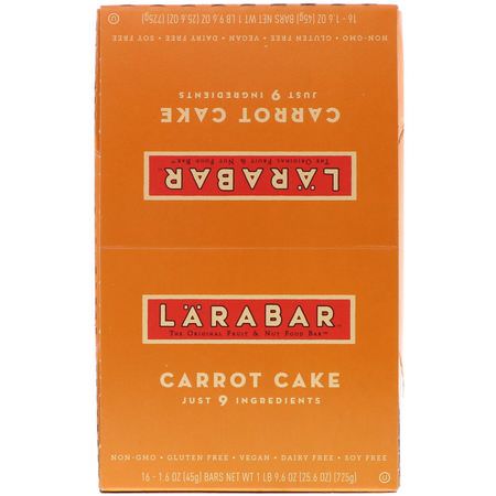 Energibarer, Sportbarer, Brownies, Kakor: Larabar, Carrot Cake, 16 Bars, 1.6 oz (45 g) Each