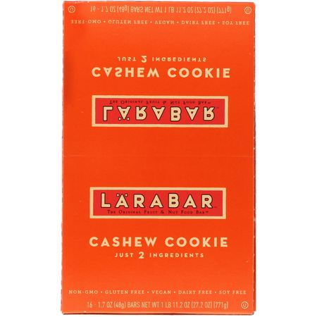 Energibarer, Sportbarer, Brownies, Kakor: Larabar, Cashew Cookie, 16 Bars, 1.7 oz (48 g) Each