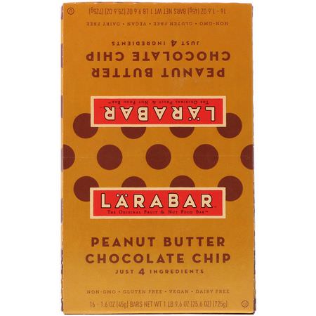 Energibarer, Sportbarer, Brownies, Kakor: Larabar, Peanut Butter Chocolate Chip, 16 Bars, 1.6 oz (45 g) Each