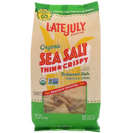 Chips, Mellanmål: Late July, Organic Thin & Crispy Restaurant Style Tortilla Chips, Sea Salt, 11 oz (312 g)