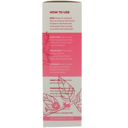 Hårbottenvård, Hårvård, Badkar, Toners: Leven Rose, 100% Pure & Organic Rose Water, 4 fl oz (118 ml)