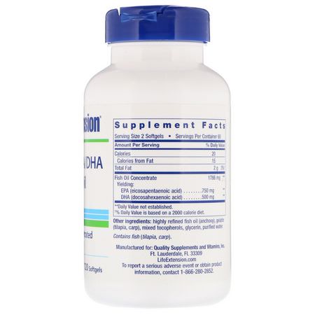 Omega-3 Fiskolja, Omegas Epa Dha, Fiskolja, Kosttillskott: Life Extension, Clearly EPA/DHA Fish Oil, 120 Softgels