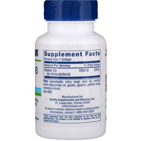D3 Cholecalciferol, D-Vitamin, Vitaminer, Kosttillskott: Life Extension, Vitamin D3, 1000 IU, 250 Softgels
