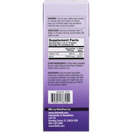 Biotin, Naglar, Hud, Hår: Life-flo, Biotin Drops, For Healthy Hair & Nails, Natural Vanilla Flavor, 10,000 mcg, 2 fl oz (60 ml)