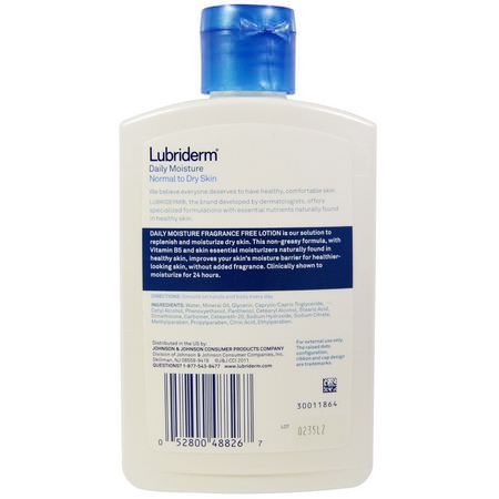 Kliande Hud, Torr, Hudbehandling, Lotion: Lubriderm, Daily Moisture Lotion, Normal to Dry Skin, Fragrance Free, 6 fl oz (177 ml)