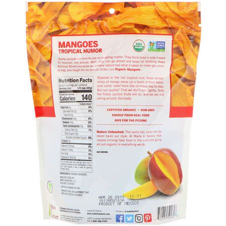 Grönsaksnacks, Mango, Superfood: Made in Nature, Organic Dried Mangoes, Sweet & Tangy Supersnacks, 8 oz (227 g)