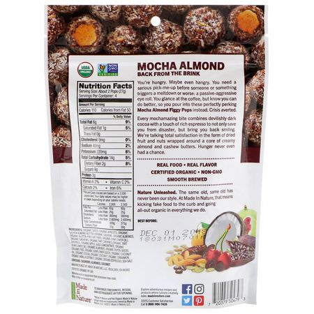 Vegetabiliska Mellanmål, Fikon, Superfood: Made in Nature, Organic Figgy Pops, Mocha Almond Supersnacks, 3.8 oz (108 g)