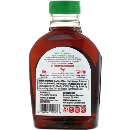 Agave Nectar, Sweeteners, Honey: Madhava Natural Sweeteners, Organic Amber Raw Blue Agave, 23.5 oz (667 g)
